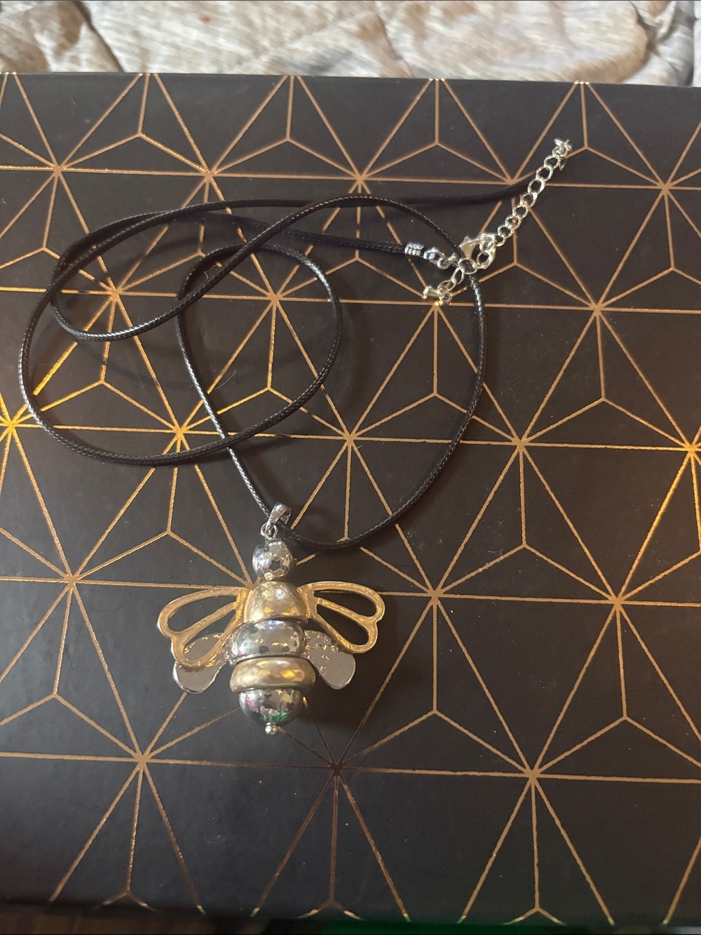 Silver Bee Pendant Necklace - Black Cord